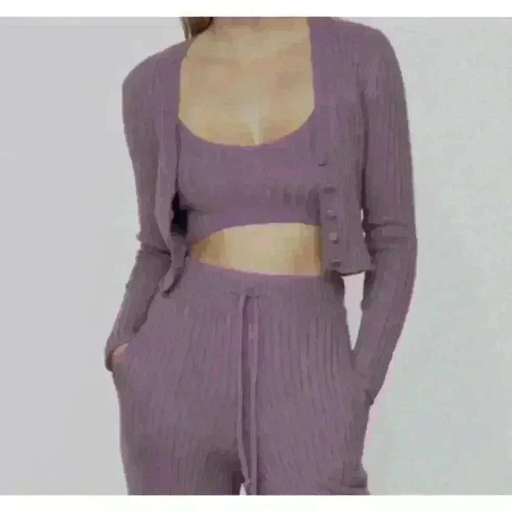 Zara Ribbed Knit Top Trf Purple V-Neck Straps Size Small